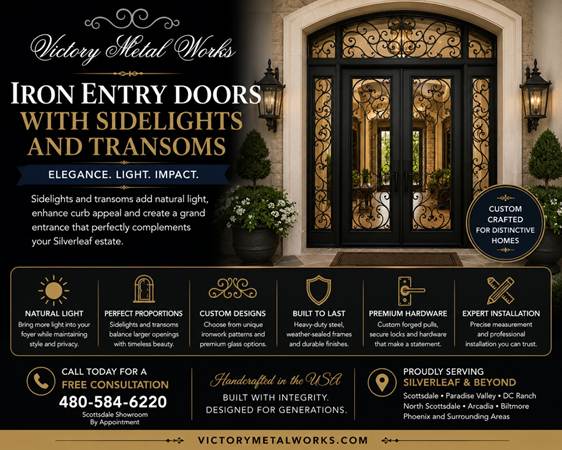 Iron Entry Doors With Sidelights and Transoms in Silverleaf